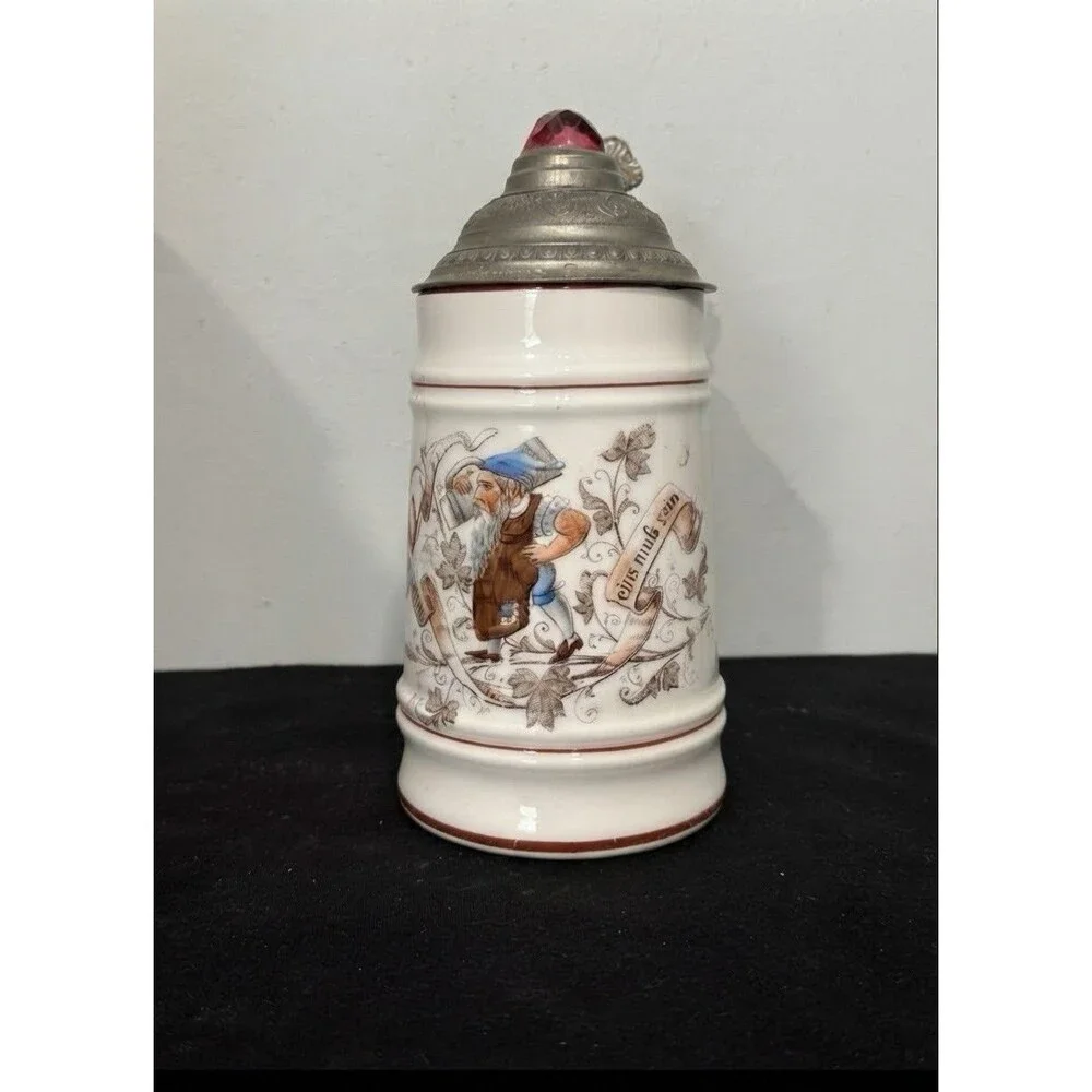Antique German Beer Stein Pewter Lid with Red Crystal Topper 1/2 L